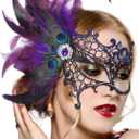 Halloween Masquerade Masks for Women - 2026 Peacock Feather Lace Mask 1920s Venetian Eyemask for Party (Black Purple)