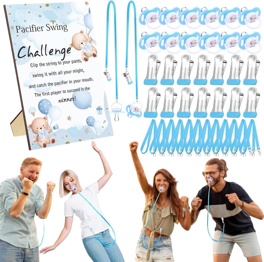 Geelin 12 Sets Swing Pacifier Baby Shower Games Funny Gender Reveal Games, Include 1 Wooden Sign and 12 Plastic Pacifiers for Bridal Baby Shower Gender Reveal Party Women Men (Bear,Blue)