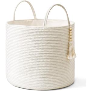 Mkono Woven Storage Basket Decorative Natural Rope Basket Wooden Bead Decoration for Blankets,Toys,Clothes,Shoes,Plant Organizer Bin with Handles Living Room Home Decor, White, 16" W  13.8"L