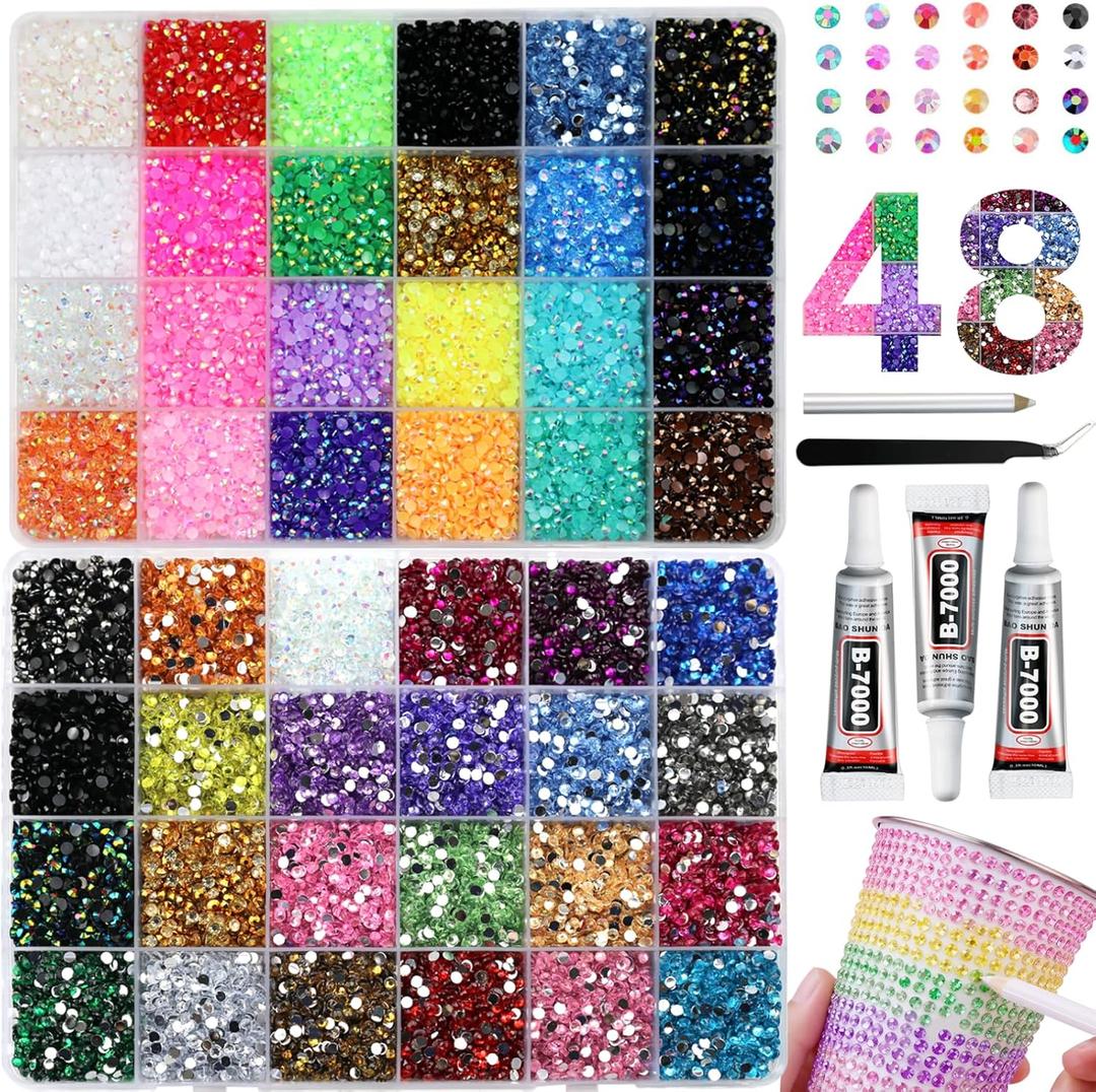 48000Pcs Resin Rhinestones for Bedazzling Kit, 48 Color 3mm Flatback Gems for Crafting Diamond Art with 3Pcs 10ml Jewelry Glue & Tools for Nail Book Painting Accessories (Red)