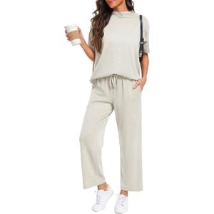 PrinStory Womens Lounge Set Summer 2 Piece Outfits Pullover Top and Wide Leg Pants Matching Sets 2026 M