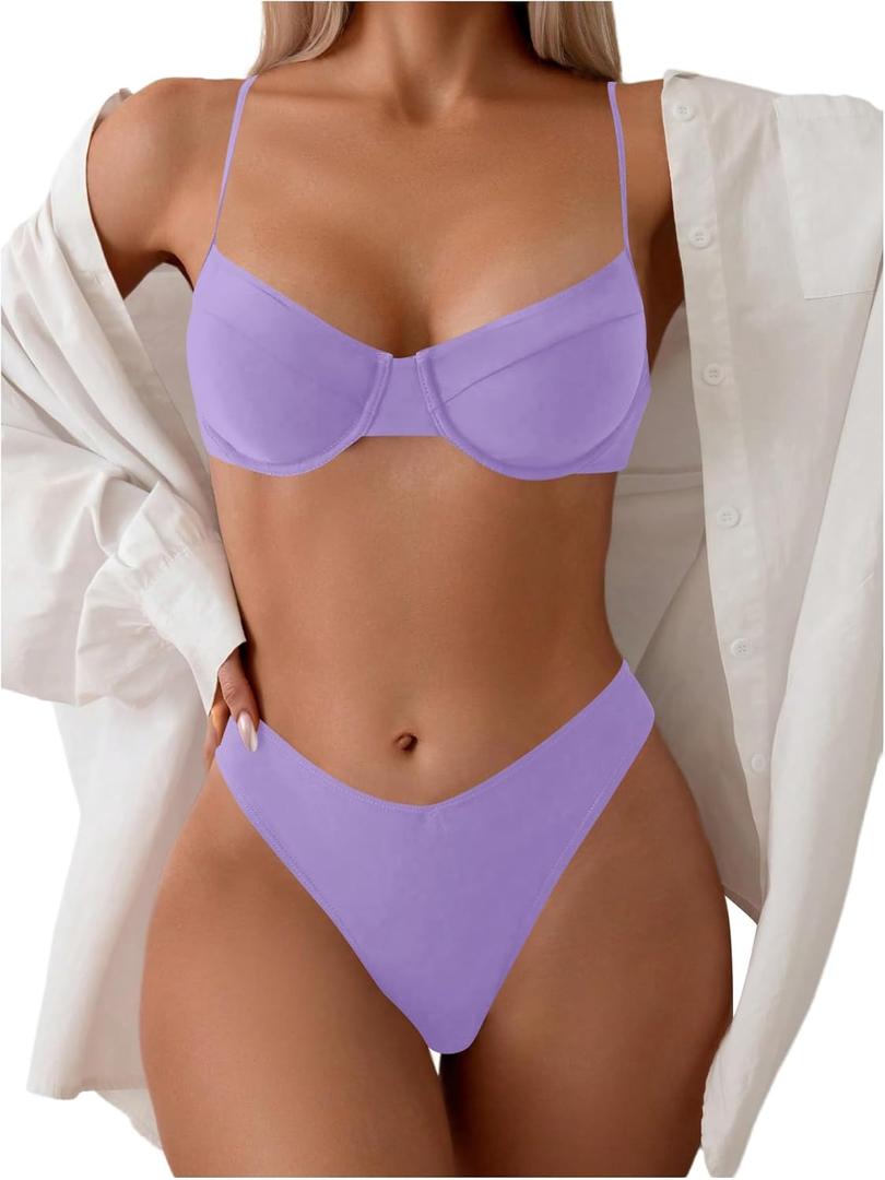 SweatyRocks Women's 2 Piece Bikini Set Spaghetti Strap High Cut Push Up Underwire Swimsuit (Purple, S)