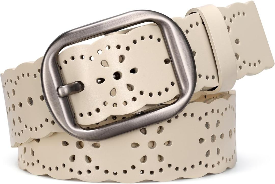 JASGOOD Women's Hollow Flower Genuine Leather Belt for Jeans Pants Wide Belt for Ladies (Beige, S)