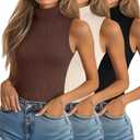 Ficerd 3 Pack Women's Sleeveless Mock Turtleneck Tank Tops Ribbed Knit Slim Fitted Stretchy Shirts Casual Layer Basic Tees (Medium, Black, Cream, Brown)