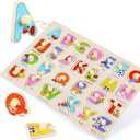 GRINNNIE Wooden Peg Puzzle for Toddlers 3 4 5 Years Old, 4 PCS Montessori Educational Learning Puzzles Set-Numbers, Letters, Animals and Fruits, Great Preschool Gifts for Girls and Boys