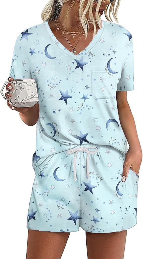 Kistore Summer 2 Piece Pajamas Sets Short Sleeve Sleepwear Pjs Lounge Split Short Sets
Size L