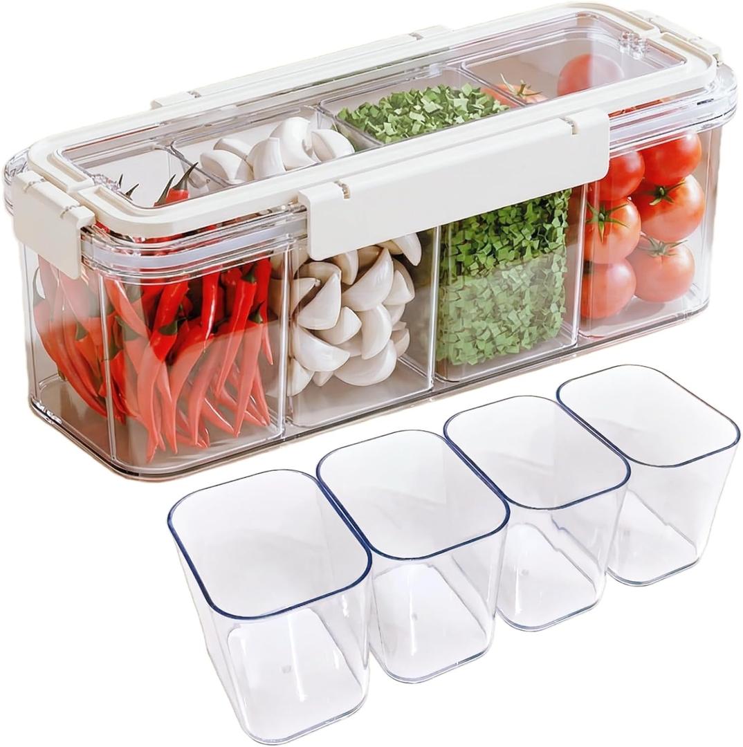 Kitchen Storage Containers With Removable 4 Compartment,Fridge Organizer With Hidden Handled,Clear Acrylic Food Storage Containers with Lids Airtight