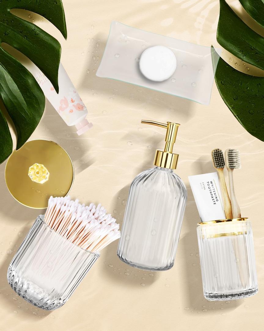 Jenseits Bathroom Accessories Set, 4Pcs Glass Bathroom Set Complete Includes Soap Dispenser, Toothbrush Holder, Apothecary Jar(Qtip Holder), Vanity Tray, Countertop Vanity Organizer, Home Decor