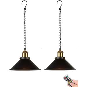 2 Pack Portable Hanging Lights Fixture Battery Operated,Rechargeable Pendant Light with Remote,Wireless Hanging Lamp Battery Powered Chandelier Lantern Black for Indoor Outdoor Garden Porch Patio