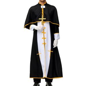 EHSUYAB Mens 3 Pcs Priest Costume, Robe With Cape & Gloves & Cross, Cospaly Pastor Halloween Outfits Black Large