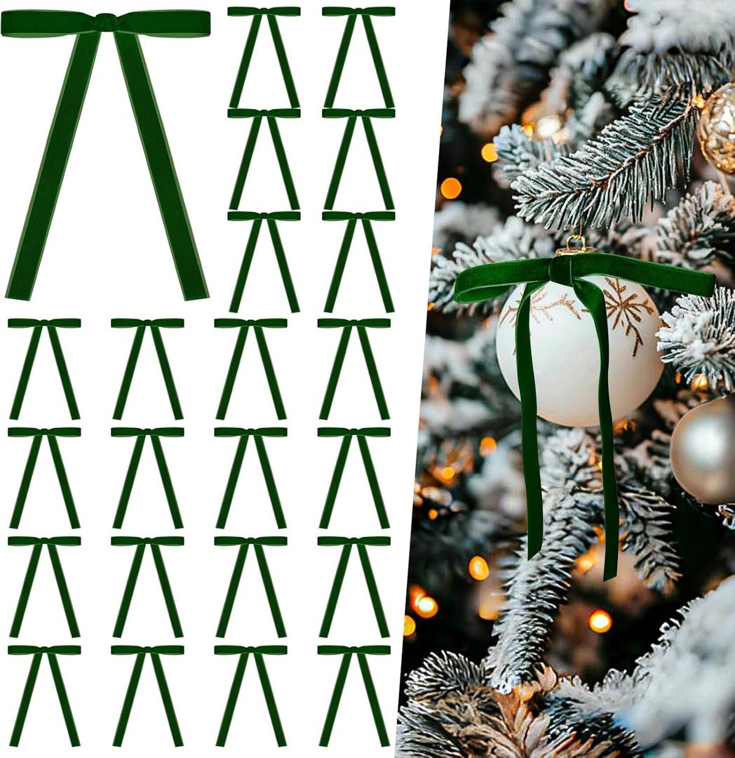 Artmag 24 Pcs Velvet Bows for Christmas Tree Rustic Bows Velvet Christmas Ornaments for Door Garland Wreath Gift Party Holiday Decoration (Width of 5/8",Dark Green)