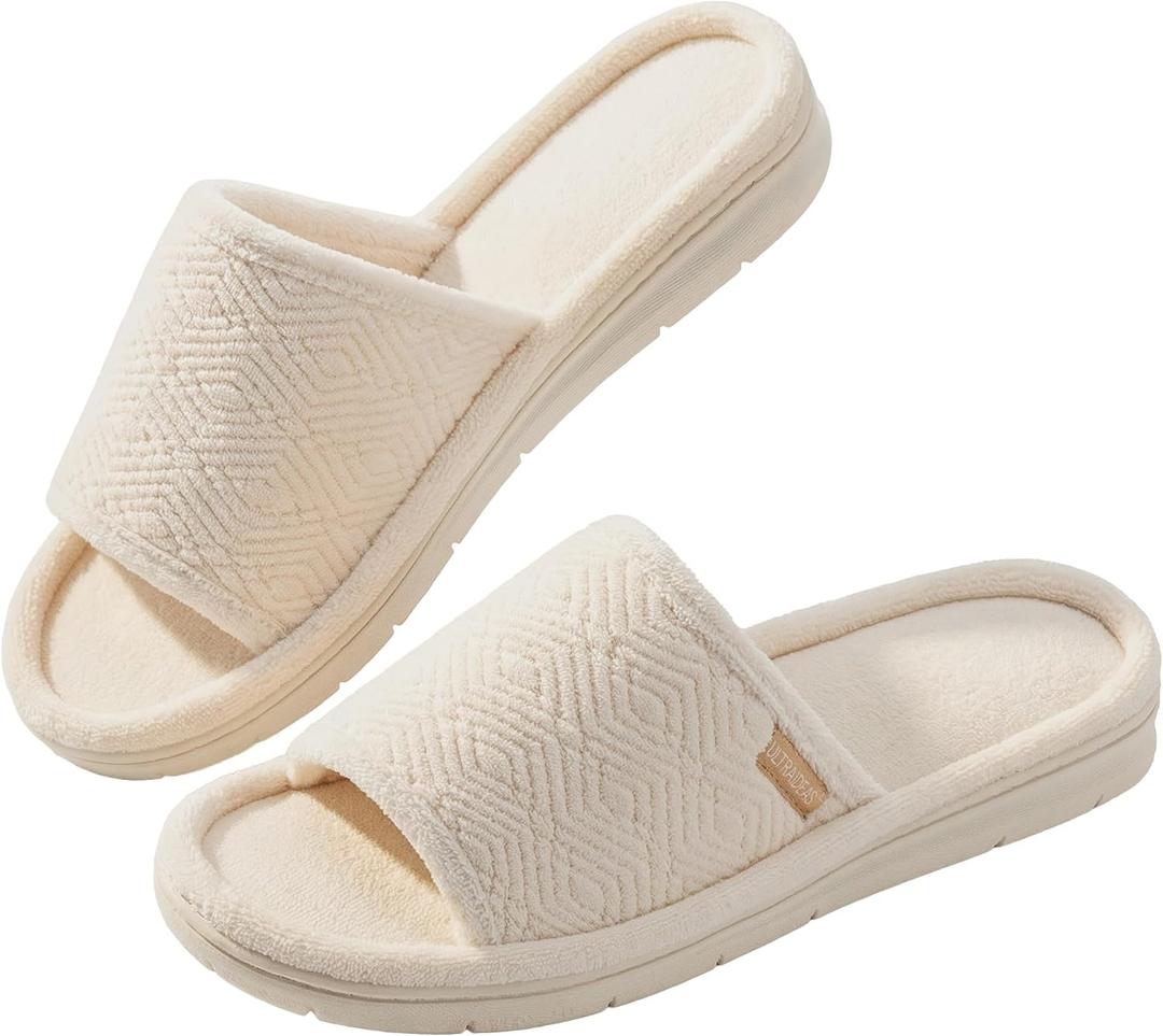 ULTRAIDEAS Open Toe House Slippers for Women Soft Coral Fleece Indoor Shoes Memory Foam Indoor/Outdoor Slippers with Anti-Skid Sole, Gift for Ladies