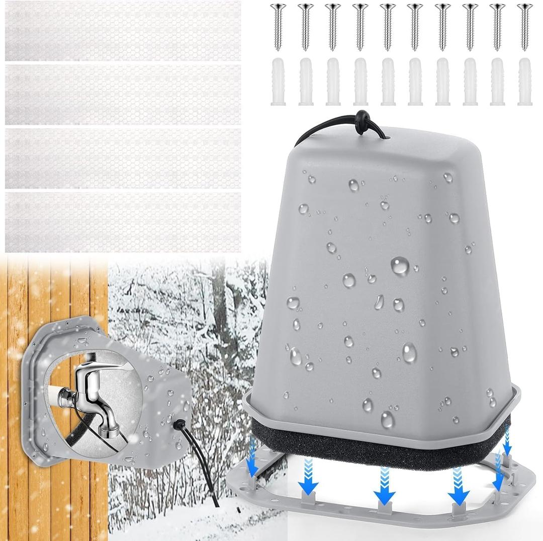1 Pc 2 in 1 Extra Long Pet Proof Outdoor Faucet Covers Winter w/Lock 8.5x7x5.5 in Thick Foam Plastic Spigot Cover Reflective Strips Faucet Cover for Outside Water Faucet Freeze Protection (Gray)
