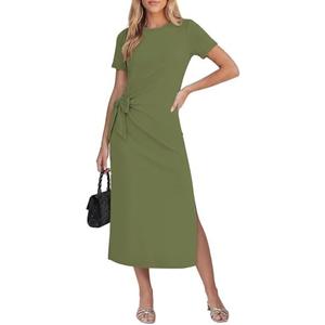 GRAPENT Long Dresses for Women Casual Summer Side Split Beach Vacation Short Sleeve Self Tie 2026 Comfy Tshirt Dress 2XL