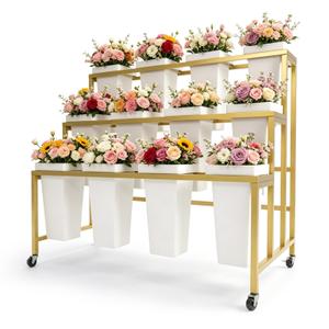GAOWFEH Three-Tier Heavy Duty Metal Flower Bar Stand, Flower Cart Display Stand, Multi-Purpose Flower Display Stand with 12 Flower Buckets and Wheels for Florist Shop, Wedding Decor