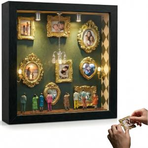 DIY Mini Museum Silhouette Box, Shadow Box Frame Set, Museum of Us Box with Gold Mini Picture Frames & Figurines for Mother's Day and Anniversary, Valentine's Day Gifts, Birthday (Black)