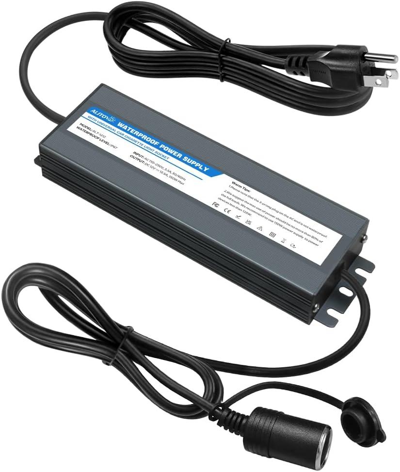 ALITOVE AC to DC Converter 110V to 12V 12.5A 150W Max Outdoor Power Supply 13ft IP67 Waterproof AC/DC Adapter with Car Cigarette Lighter Socket for Car Vacuum Fridge Tire Inflator