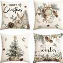 AVOIN colorlife Merry Christmas Trees Pine Needle Pinecone Throw Pillow Covers, 20 x 20 Inch Xmas Balls Hello Winter Holiday Cushion Case Decoration for Sofa Couch Set of 4