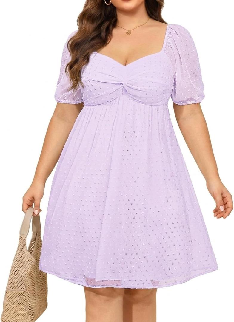 Plus Size Graduation Dress - Summer Swiss Dot Sweetheart Neckline Short Sundress Puff Sleeve Cute Flowy Chiffon Dresses (Purple) 16W