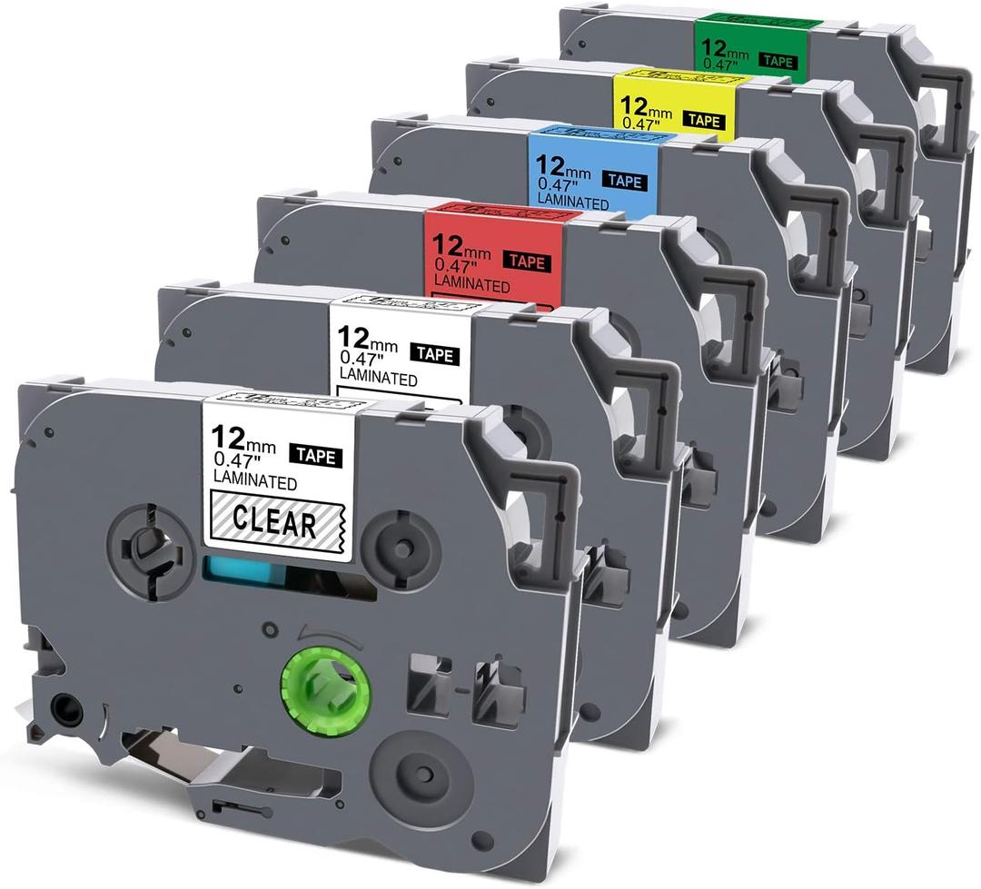 Compatible Label Tape Replacement for Brother PTouch TZe Label Maker Tape 12mm 0.47 Inch Laminated TZe 131 231 431 531 631 731, for PT-D210 PTH110 PTD600 PTD400 PTP750w PT-1880, 6 Pack (Black on Clear/White/Red/Blue/Yellow/Green, 6pack)