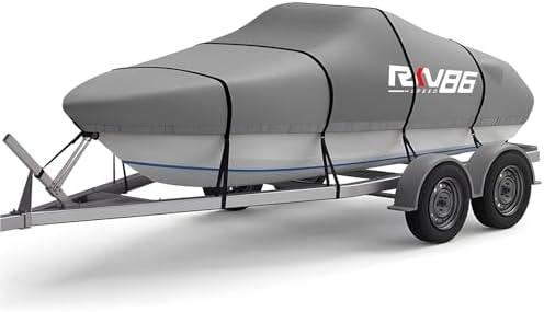 RKV86 Trailerable Boat Cover, 17'- 19' Heavy Duty 600D Waterproof Tarp Covers with Storage Bag, Marine Grade Polyester Canvas, Fits 17-19ft Bass Boat, V-Hull, Tri-Hull, Runabout Bowrider Boat (Gray)