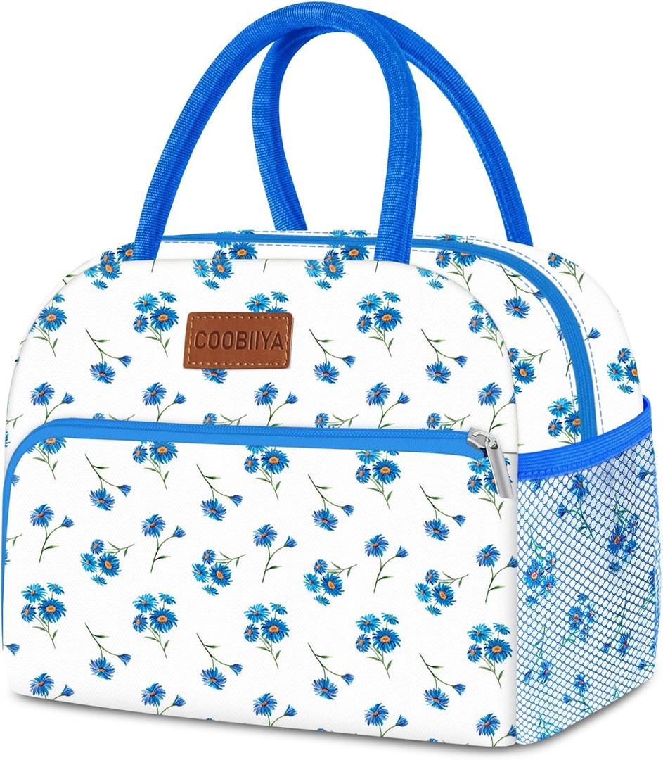 Coobiiya Lunch Bag Women, Lunch Box for Women Adult Men, Small Lunch Bag Leak-proof Cute Lunch Tote Large Capacity Reusable Insulated Cooler for Work/Office/Picnic/Travel-Blue Daisy