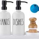 Glass Soap Dispenser for Kitchen, Farmhouse Dish Hand Soap Dispenser Set, Rustproof Pump Dispenser Set with Tray and Dish Brush, Kitchen DecorWhite