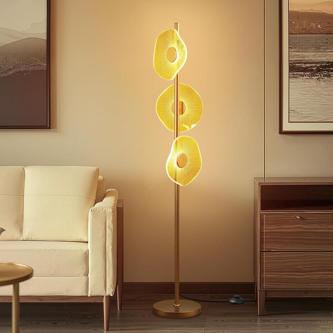 LED Dimmable Floor Lamp with Remote & Foot Switch, 27006000K Adjustable Color Temperature & Stepless Dimming, Sculptural Leaf-Disc Tall Standing Lamp, Brass Gold Corner Lamp for Living Room Bedroom