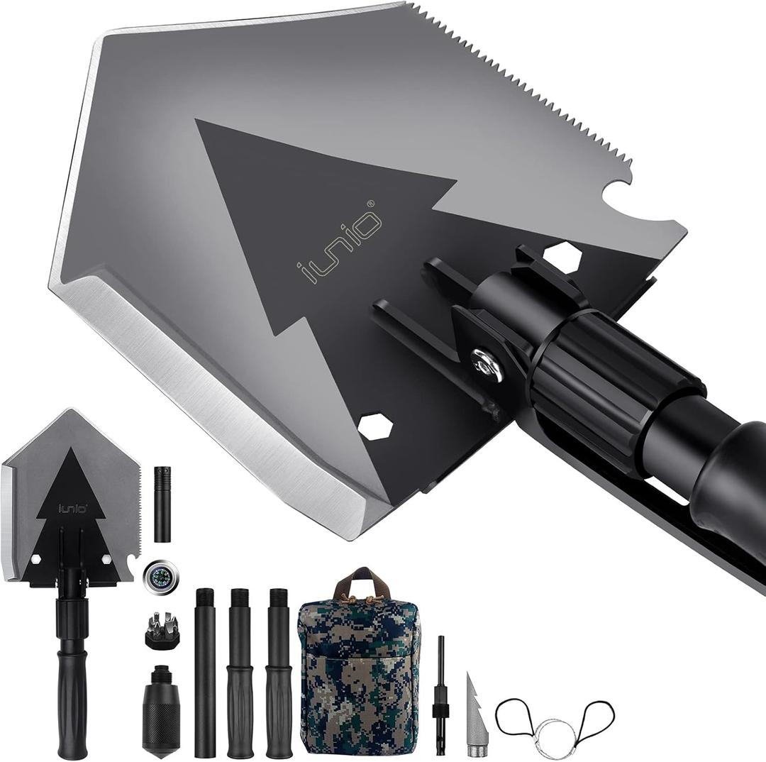 iunio 38inch Survival Folding Shovel with Handle Lock Design, Portable Entrenching Tool, Foldable Camping Multitool, Tactical Collapsible Spade for Hiking, Backpacking, Offroading, Car Emergency (Silver)