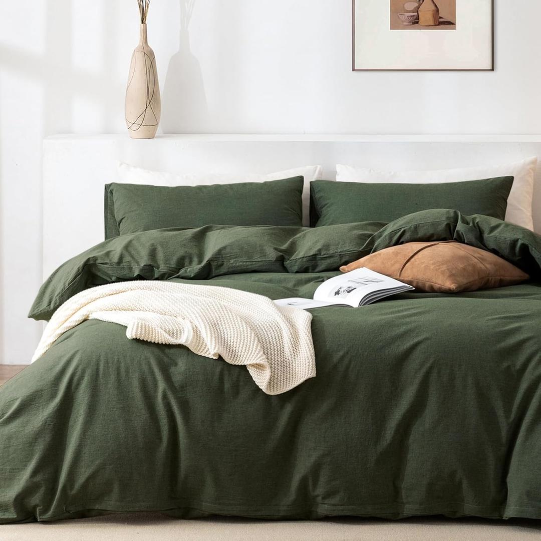 King Duvet Cover Set- 100% Washed Cotton 3 Pcs Soft Comfy Breathable Chic Linen Feel Bedding, 1 Duvet Cover and 2 Pillow Shams, Olive Green