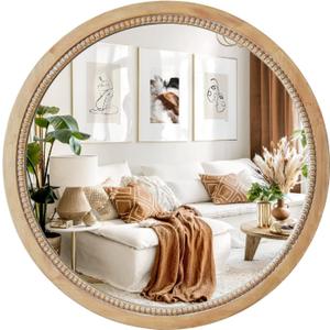 sawsile Round Wood Mirror,28 inch Circle Rustic Farmhouse Natural Wooden Frame Boho Beads Wall Mirror for Bathroom,Living Room,Bedroom or Entryway