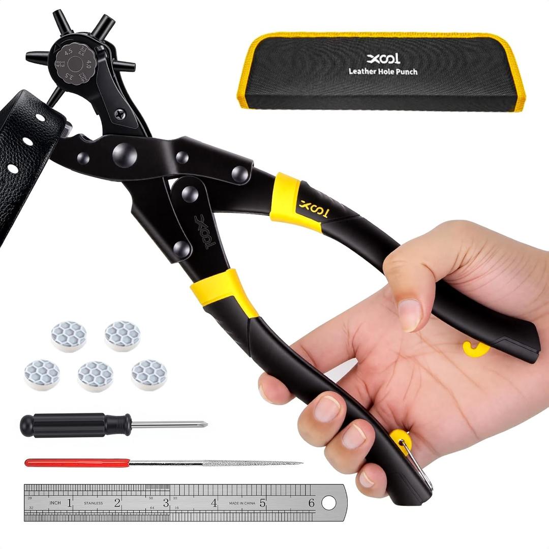 XOOL Round & Oval Leather Hole Punch Set, Upgraded Long Handle Revolving Punch Plier Kit for Belts, Watch Bands, Straps, Dog Collars, Saddles, Shoes, Fabric, DIY Home & Leather Craft Project