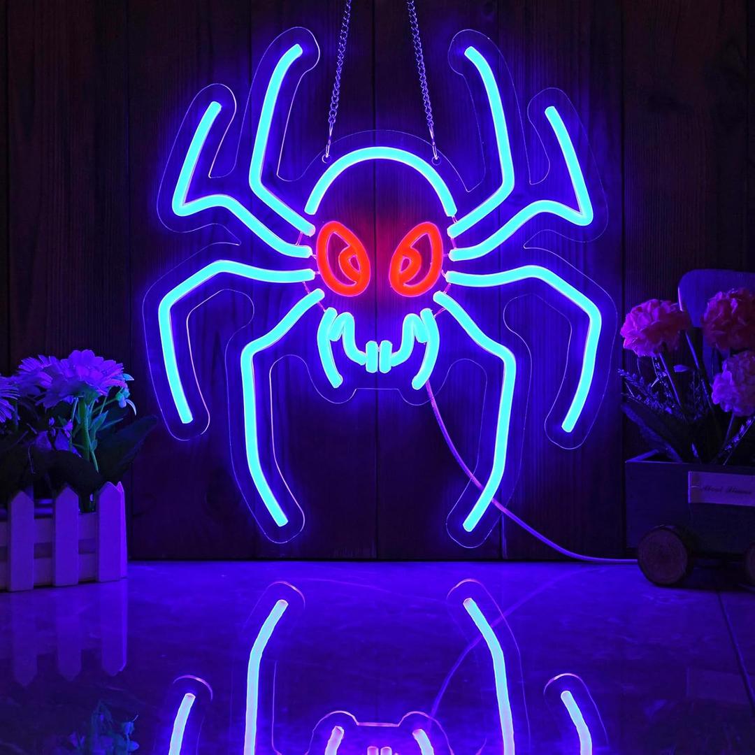 Spider Neon Sign - Blue Spider Red Eyes, Dimmable USB Wall Light - Perfect for Man Cave Decor, Horror Movie Room, Spider-Themed Party (14x13 inch)