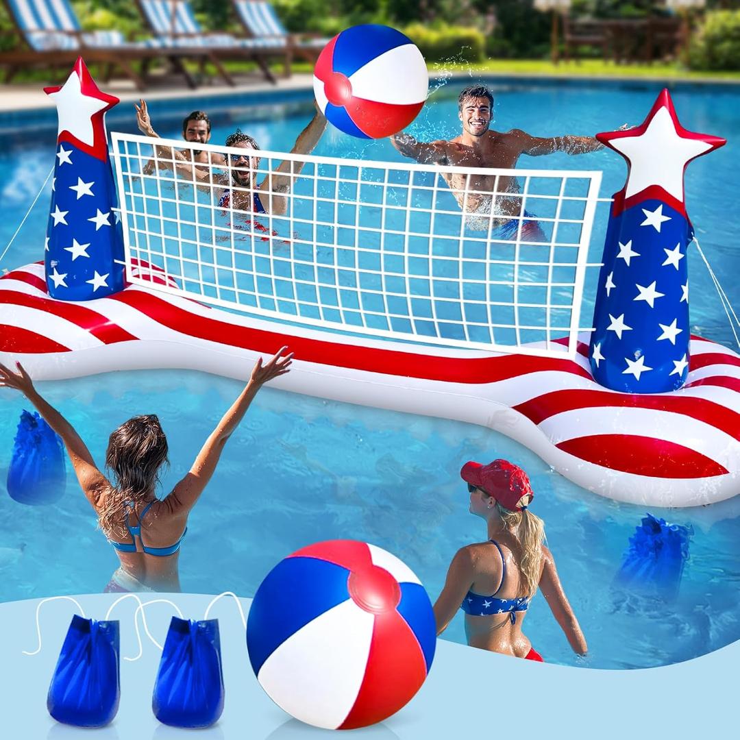 TURNMEON American Flag Inflatable Pool Games Large Volleyball Net Pool Float Set with 9" Beach Ball, 2 Weight Bags  Floating Swimming Game Toy for Adults, Perfect for Party Summer