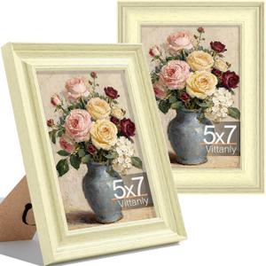 Vittanly 5x7 Picture Frames Set of 2, Ornate Vintage Photo Frame for Wall or Tabletop, Display 4x6 Pictures with Mat or 5x7 without Mat, Beige
