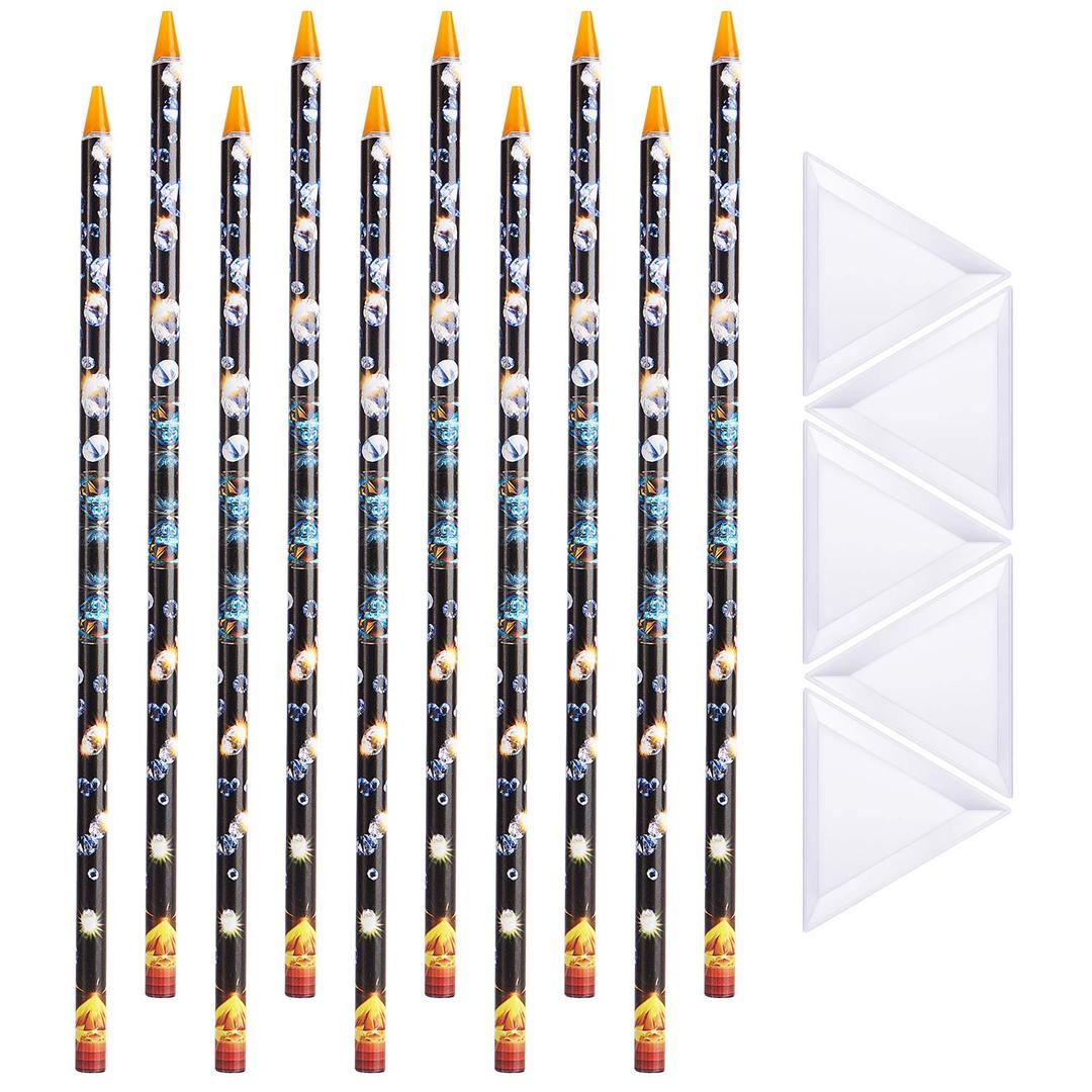 Blulu 10 Pcs Wax Pencil for Rhinestone Nail Point Drill Wax Pen Diamond Art Dotting Pen Self Adhesive Resin Picker Pencil Gem Picker Tool with 5 Pcs Triangular Bead Sorting Plate for Nail DIY Decor
