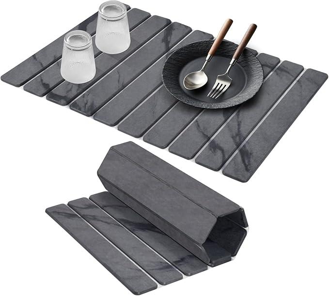 Large Stone Dish Drying Mats for Kitchen Counter, 24"(L)×16"(W) MarblePattern Dish Drying Mat, EcoFriendly Absorbent Diatomaceous Earth Mats for Dishes Bottles Cups, Match Any Countertop  Dark Gary