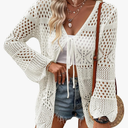 Women's Crochet Cardigan Light Weight Long Sleeve Tie Front Hollow Out Thin Cardigan, M