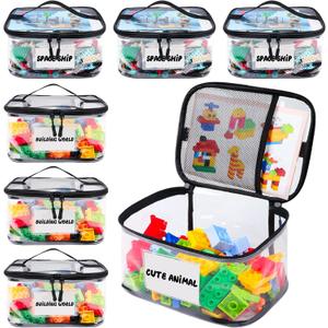 Tesuko 6 Pack Clear Toy Storage Bag with Name Tag& Manual Pocket, Waterproof Transparent PVC Toy Organizer Case for Lego Bricks, Board Games, Building Blocks, Puzzles (Large Capacity, Black)