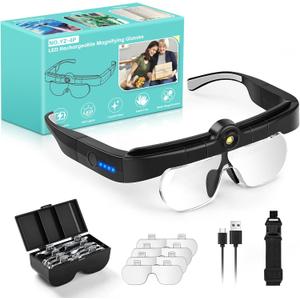 Magnifying Glass with Light, Flip-up Headband Magnifier with 3 Light Colors, 4 Detachable Lenses 1.5X to 5.0X, Hands Free Headset Magnifiers for Close Work Crafts Soldering Repair Jewelry (Black)