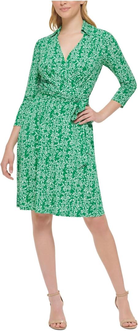 Jessica Howard Women's 3/4 Sleeve Collared V-Neck A-line Mini Dress (8 Petite, Green)