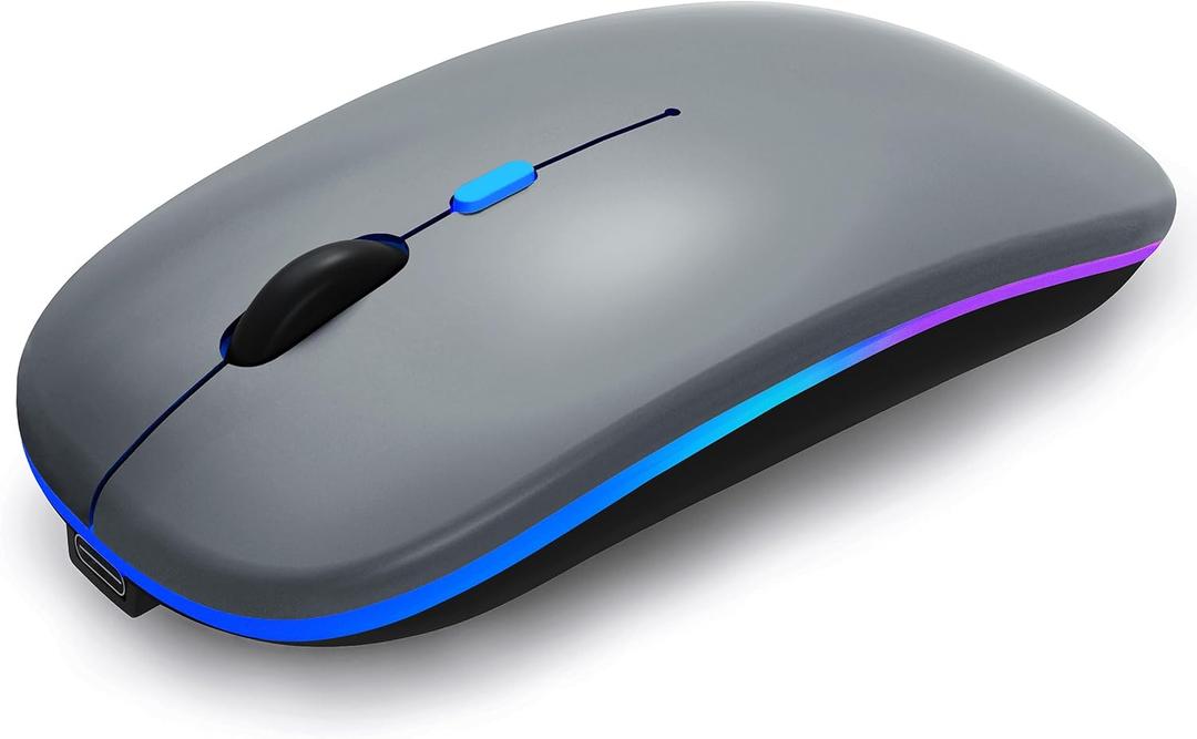 Wireless Bluetooth Mouse Rechargeable Laptop Mice with LED Lights Silent Slim Use(BT5.2 and 2.4G Portable USB) Dual Mode Computer Mouse for Laptop/iPad/Tablet/Apple/Computer/Mac (Grey)