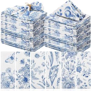 Cloth Napkins 15 x 15 Inch Reusable Soft Fabric Napkins Washable Plants Floral Square Napkin Cotton Dinner Towel Decorative for Summer Fall Party(Blue White Flower,48 Pcs)