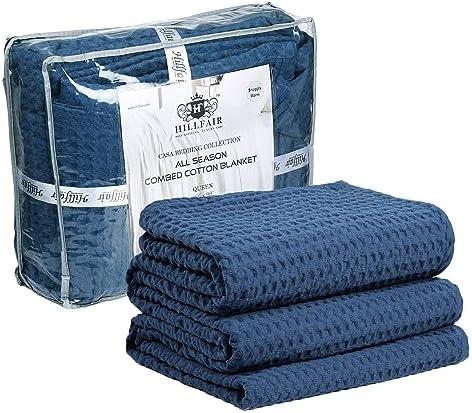 Hillfair 100% Cotton Oversized King Bed Blanket - 120" x 120" - Family Size 10 ft x 10 ft - Waffle, Breathable - Blue