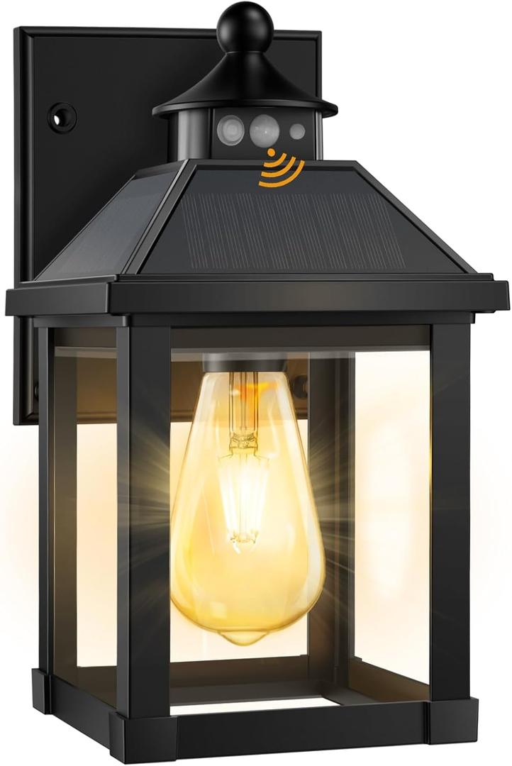 Solar Porch Lights Outdoor, Solar Sconce Lights Outdoor with Motion Sensor, Waterproof Wall Light with Clear Panel for Garage, Porch, Yard, Front Door,5.8 * 5.8 * 11.8in (Black-1Pack)