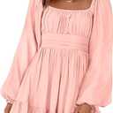Dokotoo Womens Dress Long Lantern Sleeve Square Neck Tie Backless Sexy Dress Ruffle Elastic Waist A-Line Mini Dress XL Pink