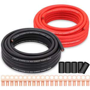 4 Gauge Wire Copper Clad Aluminum CCA 50FT Black/Red with 4ga lugs and Heat Shrink Tube - Battery Power/Ground Cable,Car Audio Speaker,RV Trailer Amp Wiring kit Kit