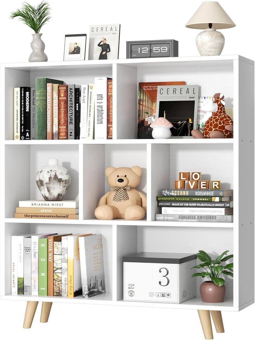 Shintenchi Cube Storage Organizer, 3 Tier Mid-Century Bookcase with Legs Cubeicals Retro Wood Organizer Storage Bookcase, Freestanding Open Book Shelves for Bedroom,Living Room,Office(White)