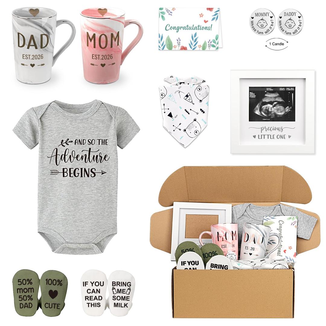 New Parents Gift Set Est 2026 Pregnancy Announcement Gifts for Couples-First Time New Mom Basket for Baby Shower Gender Reveal-Mom & Dad Mugs, Decision Coin, Baby Ultrasound Frame, Onesie, Bib, Socks