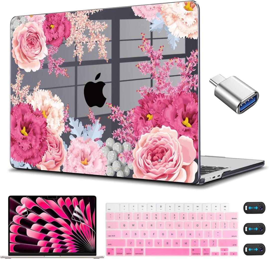 CISSOOK Floral Case Cover for MacBook Air 15 Inch 2023 2024 2025 2026 Release A2941 A3114 A3241 A3448, Hard Shell Case with Keyboard Cover USB Adapter for MacBook Air 15" M2 M3 M4, Gorgeous Flowers